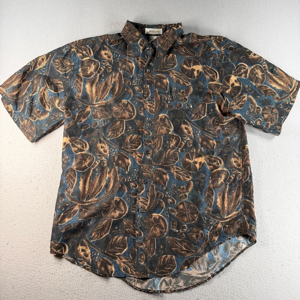 Bloom Mens L 100% Silk Short Sleeve Button Up Shirt Blue Brown Floral Abstract